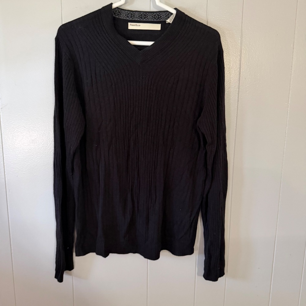 Perry Ellis V-Neck Sweater‎ Mens S Black Ribbed Knit Rayon Wool Blend 4703